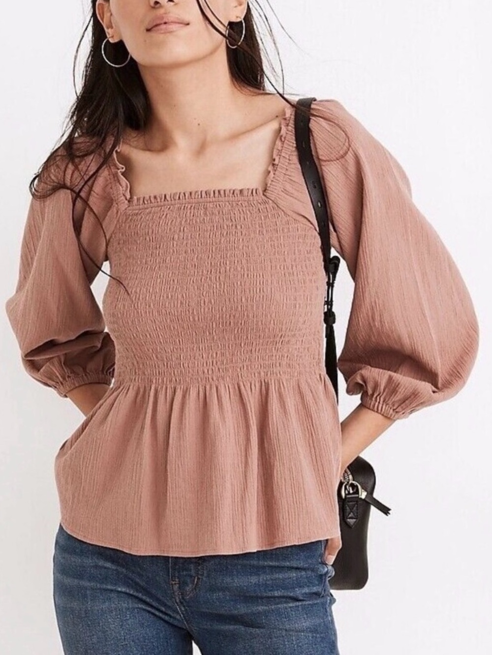 Madewell Smocked Square Neck Puff Sleeve Peplum Top in Dusty Rose